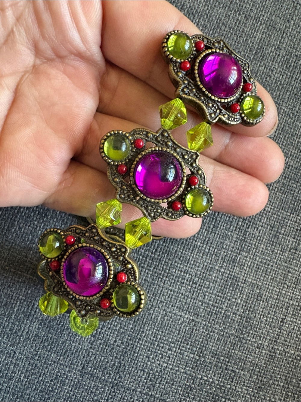 Beautiful Vintage-Style Purple and Lime Beaded Statement Stretch Chunky Bracelet